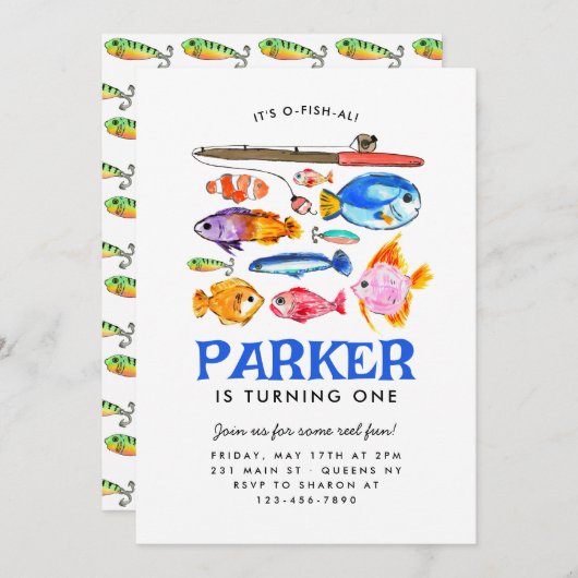 かわいいOフィッシュアルリールおもしろい行き魚魚釣り誕生日 招待状 (正面/裏面)