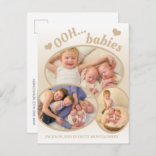 かわいいOohベビーツインフォトタン誕生のお知らせ 案内ポストカード (正面/裏面)