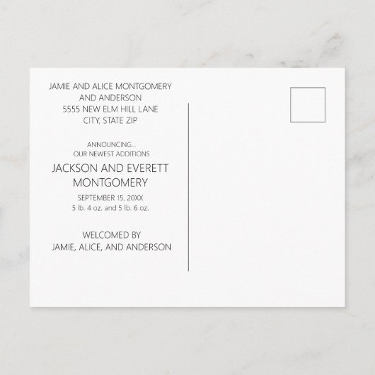 かわいいOohベビーツインフォトタン誕生のお知らせ 案内ポストカード (裏面)