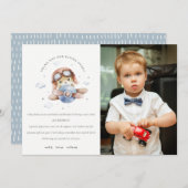 かわいいRustネイビー飛行機テディ子供写真誕生日 サンキューカード (正面/裏面)