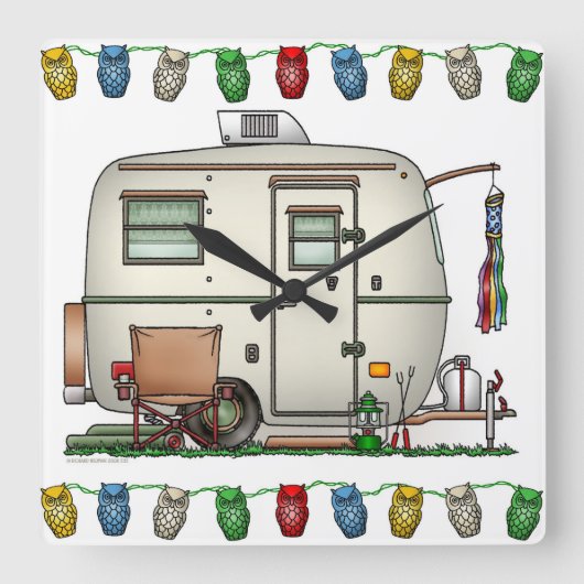 かわいいRVのヴィンテージのガラス卵のキャンピングカー旅行トレーラー スクエア壁時計 (正面)