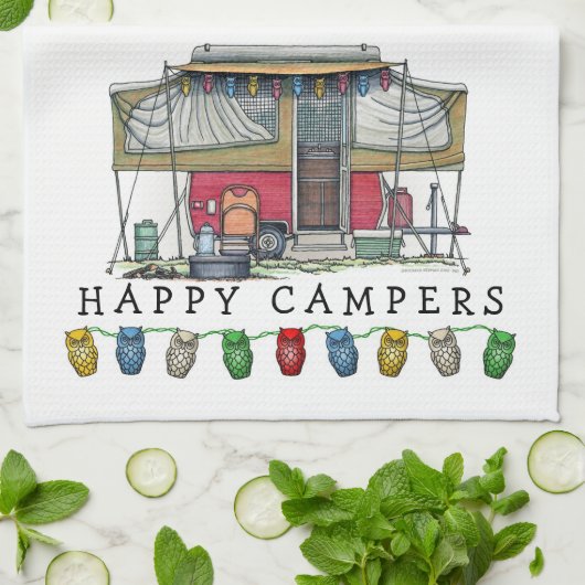 かわいいRVのヴィンテージのポップアップキャンピングカー旅行トレーラー キッチンタオル (折り畳み)