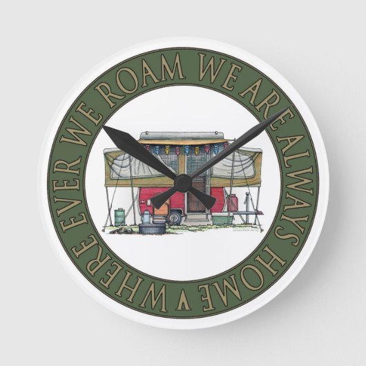かわいいRVのヴィンテージのポップアップキャンピングカー旅行トレーラー ラウンド壁時計 (正面)