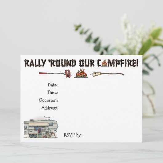 かわいいRVのヴィンテージの第5車輪のキャンピングカー旅行トレーラー 招待状 (スタンド正面)