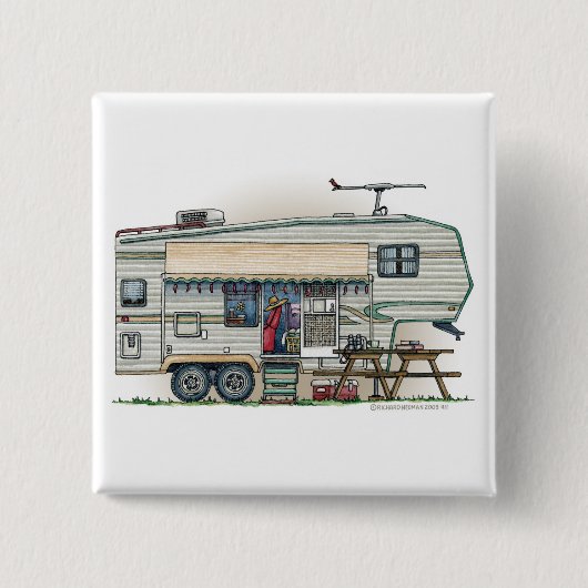 かわいいRVのヴィンテージの第5車輪のキャンピングカー旅行トレーラー 缶バッジ (正面)