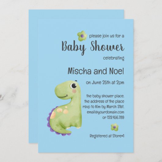 かわいいTレックス水色子供部屋ボーイベビーシャワー 招待状 (正面/裏面)