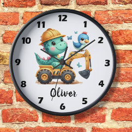 かわいいT-Rex恐竜が建設車両を運転する ラージ壁時計