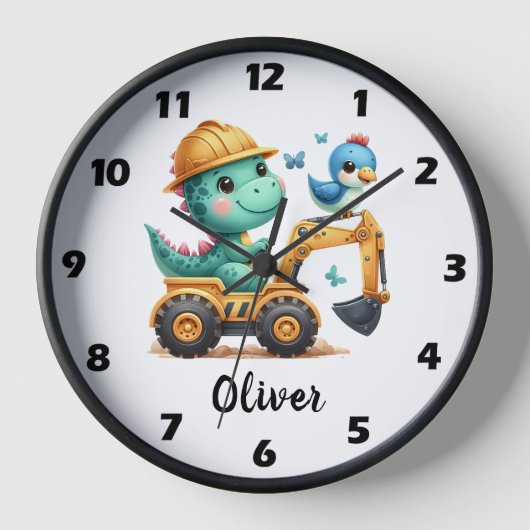 かわいいT-Rex恐竜が建設車両を運転 ラージ壁時計 (正面)