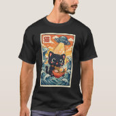 かわいいUFO猫がラーメンを食べるレトロ日本SF Tシャツ (正面)