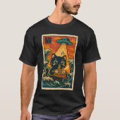 かわいいUFO猫のラーメン食べるレトロ浮世絵 Tシャツ (正面)