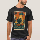 かわいいUFO釣り猫のレトロな日本風波アート Tシャツ (正面)