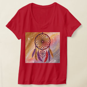 かわいいVネック赤金ゴールドドリームキャッチャーTシャツ Tシャツ