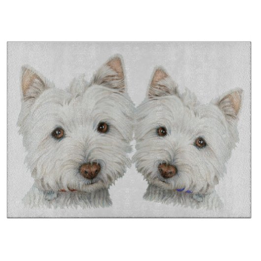 かわいいWestieは芸術のガラスまな板の後をつけます カッティングボード (正面)