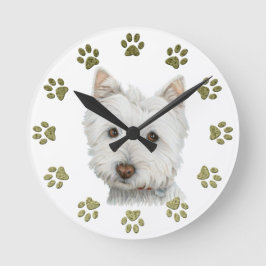 かわいいWestie犬の芸術および足 ラウンド壁時計