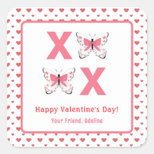かわいいXOXOとピンクの蝶バレンタインデー スクエアシール