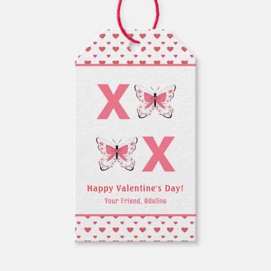 かわいいXOXO ピンクの蝶 バレンタインデー ギフトタグ (正面)