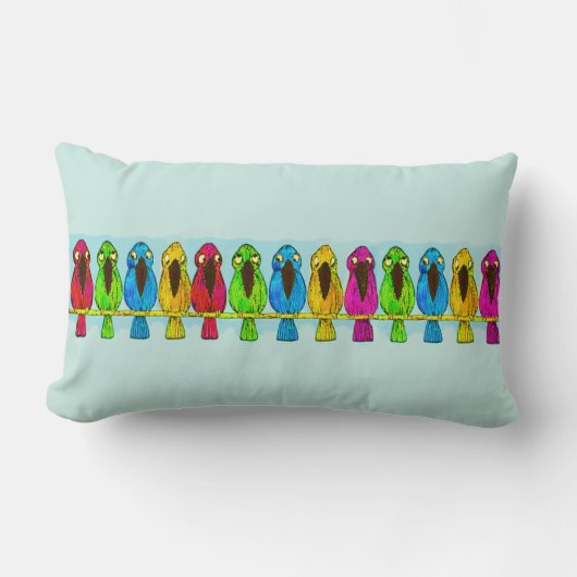 かわいおもしろいいカラフル鳥が並び ランバークッション (正面)