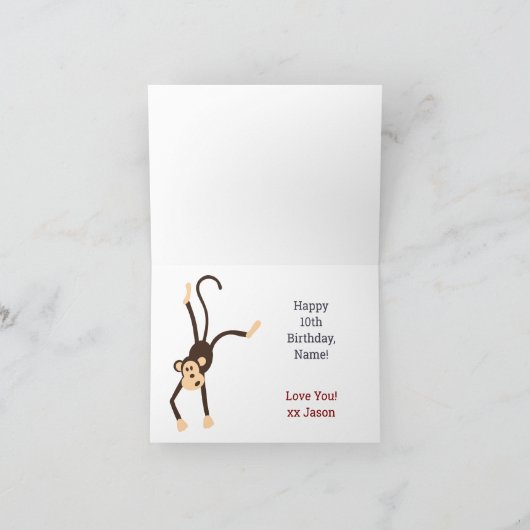 かわいおもしろいいサルの子どもの女の子10番誕生日 カード (内部)