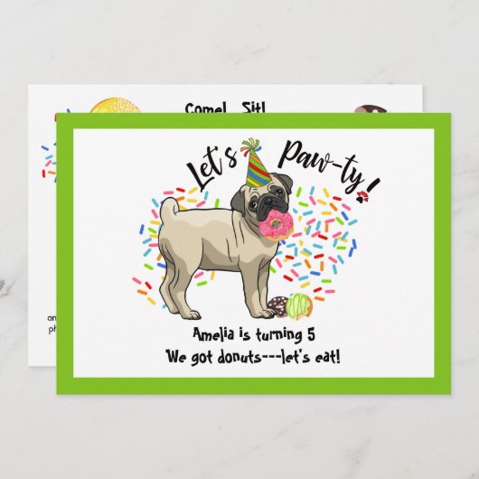 かわいおもしろいいパグのペットドッグドーナツ誕生パーティー 招待状 (正面/裏面)