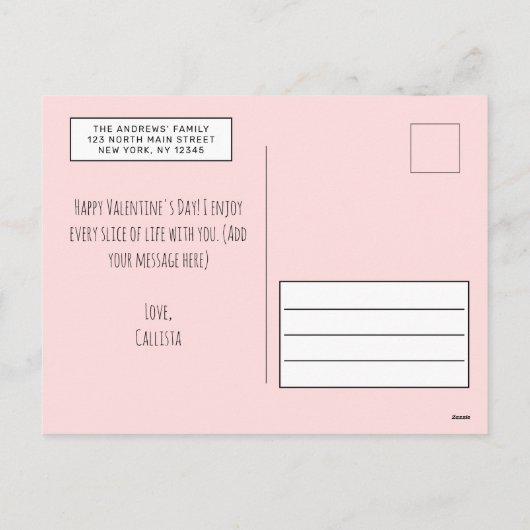 かわいおもしろいいピザハートのバレンタインデー挨拶 シーズンポストカード (裏面)