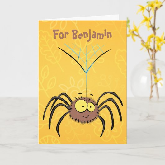 かわいおもしろいいフワフワのクモ漫画 カード (黄色い花)