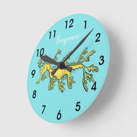 かわいおもしろいい葉状の海龍漫画イラストレーション ラウンド壁時計 (傾斜)