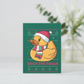 かわいおもしろいアヒルがクリスマスのお祝いのカモ ポストカード (スタンド正面)