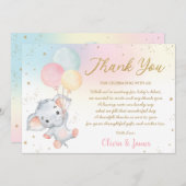 かわいお洒落いゾウ風船ベビーシャワーガール  サンキューカード (正面/裏面)