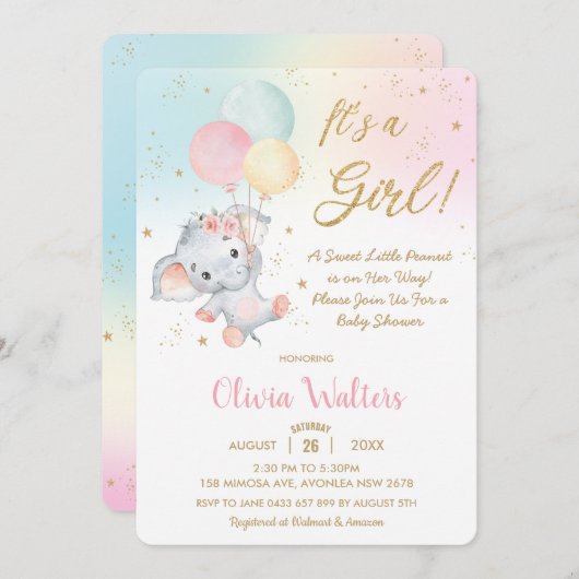 かわいお洒落いゾウ風船ベビーシャワーガール 招待状 (正面/裏面)
