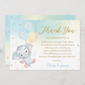 かわいお洒落いゾウ風船ベビーシャワーボーイ  サンキューカード (正面/裏面)