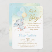 かわいお洒落いゾウ風船ベビーシャワーボーイ 招待状 (正面/裏面)