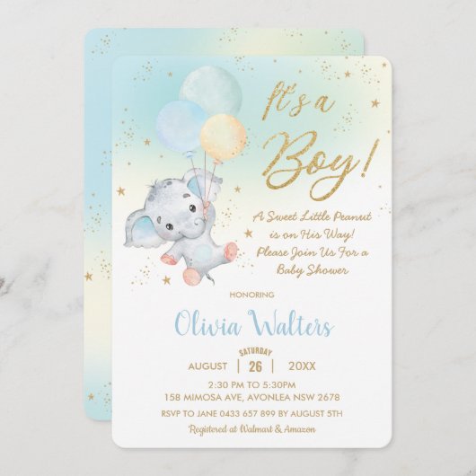 かわいお洒落いゾウ風船ベビーシャワーボーイ 招待状 (正面/裏面)