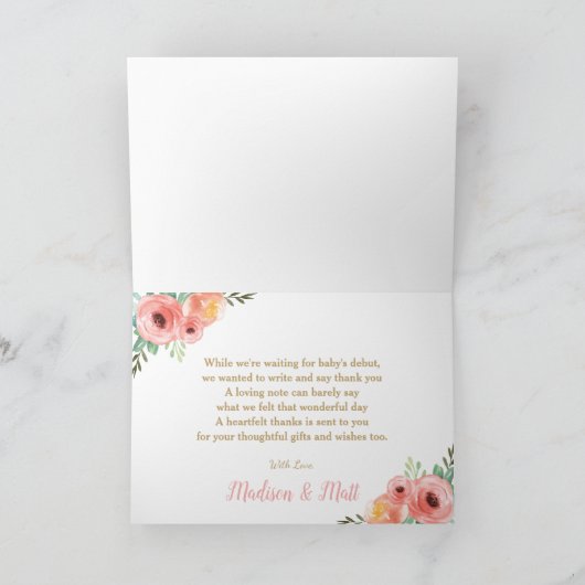 かわいお洒落いフローラの森（き）の動物たちのベビーシャワー サンキューカード (内部)