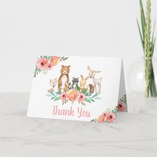 かわいお洒落いフローラの森(き)の動物たちのベビーシャワー サンキューカード (正面)