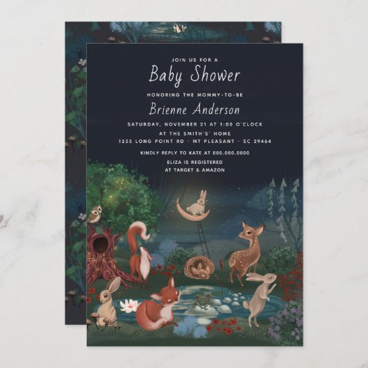 かわいお洒落い森林の動物たちのベビーシャワー 招待状 (正面/裏面)