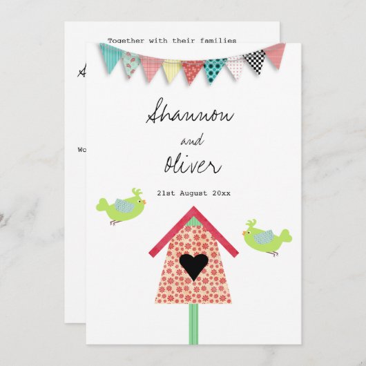 かわいお洒落い鳥と鳥屋さんの結婚式の招待 招待状 (正面/裏面)