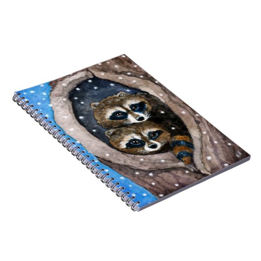 かわいくおもしろいなアライグマの冬の雪のノート ノートブック (右側)