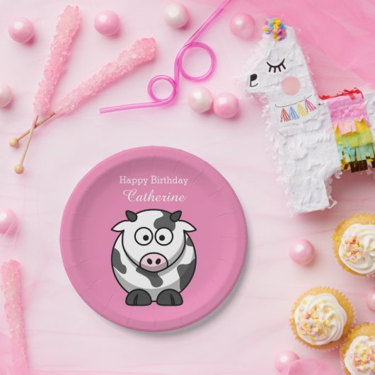かわいくおもしろいな漫画牛ピンクの鼻のカスタムの誕生日 ペーパープレート (パーティー)