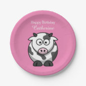 かわいくおもしろいな漫画牛ピンクの鼻のカスタムの誕生日 ペーパープレート (正面)