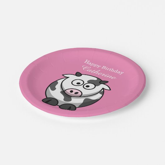 かわいくおもしろいな漫画牛ピンクの鼻のカスタムの誕生日 ペーパープレート (アングル)