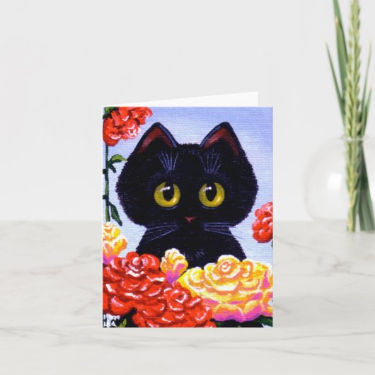 かわいくおもしろいな黒猫のバラの花Creationarts カード (正面)