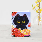 かわいくおもしろいな黒猫のバラの花Creationarts カード (黄色い花)