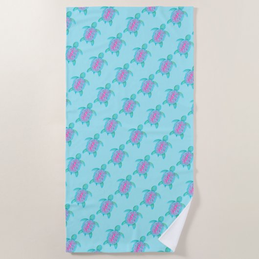 かわいくお洒落なカメのハートの水彩画の芸術タオル ビーチタオル (正面)