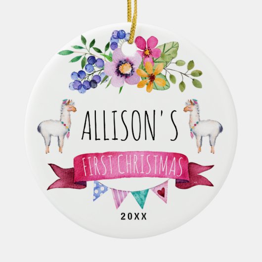 かわいくお洒落なラマの初めてのクリスマスのオーナメント セラミックオーナメント (正面)