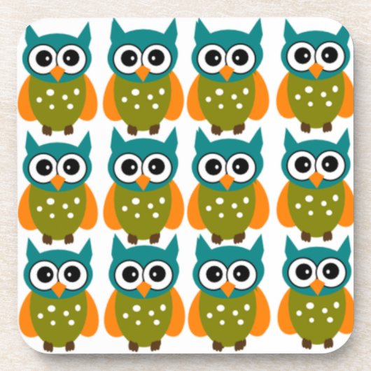 かわいくてフクロウカラフルの多い柄 コースター (正面)