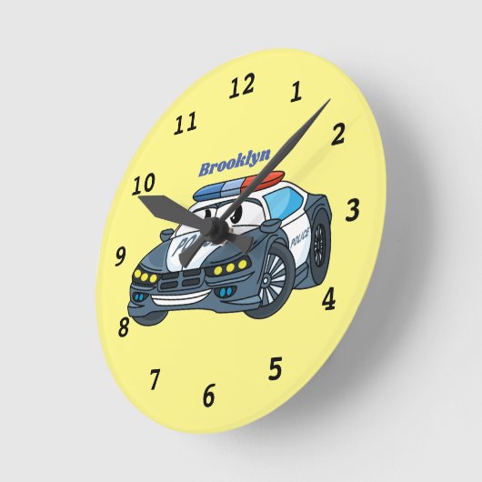かわいくて幸せなパトカーの漫画イラストレーション ラウンド壁時計 (傾斜)