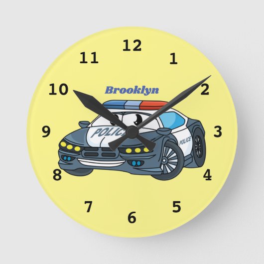かわいくて幸せなパトカーの漫画イラストレーション ラウンド壁時計 (正面)