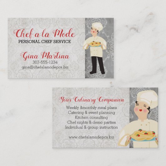 かわいくイタリアンなシェフのパスタのケイタリングビジネスカード 名刺 (正面/裏面)