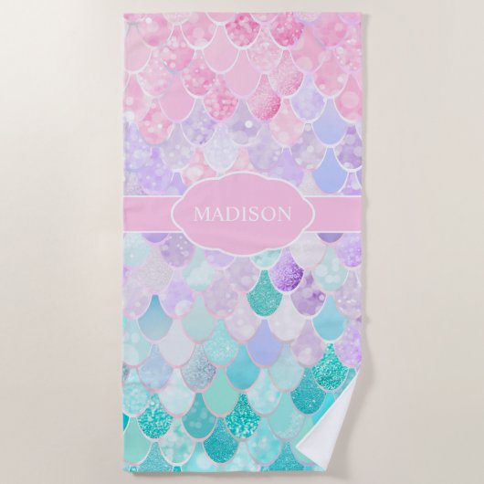 かわいくエレガントで航海のな人魚のモノグラムのビーチタオル ビーチタオル (正面)