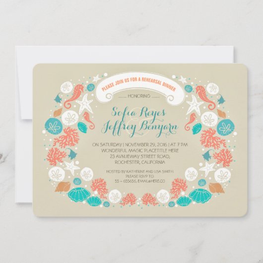 かわいくカジュアルなビーチのリハーサルの夕食の招待状 招待状 (正面)